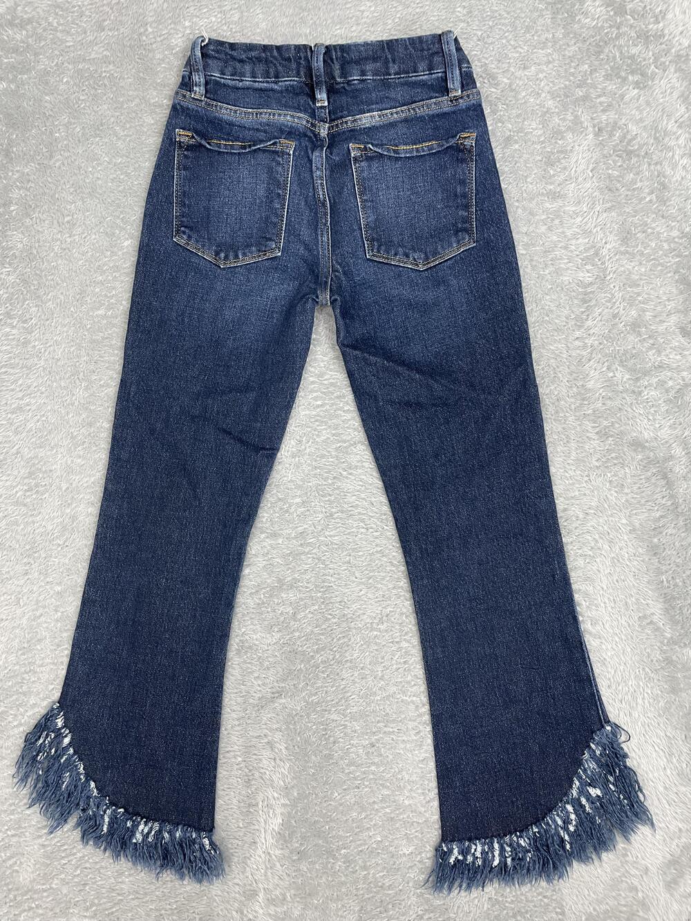 FRAME Le Crop Mini Boot Jeans Womens 24 Blue Med Wash Fringe Crop Denim